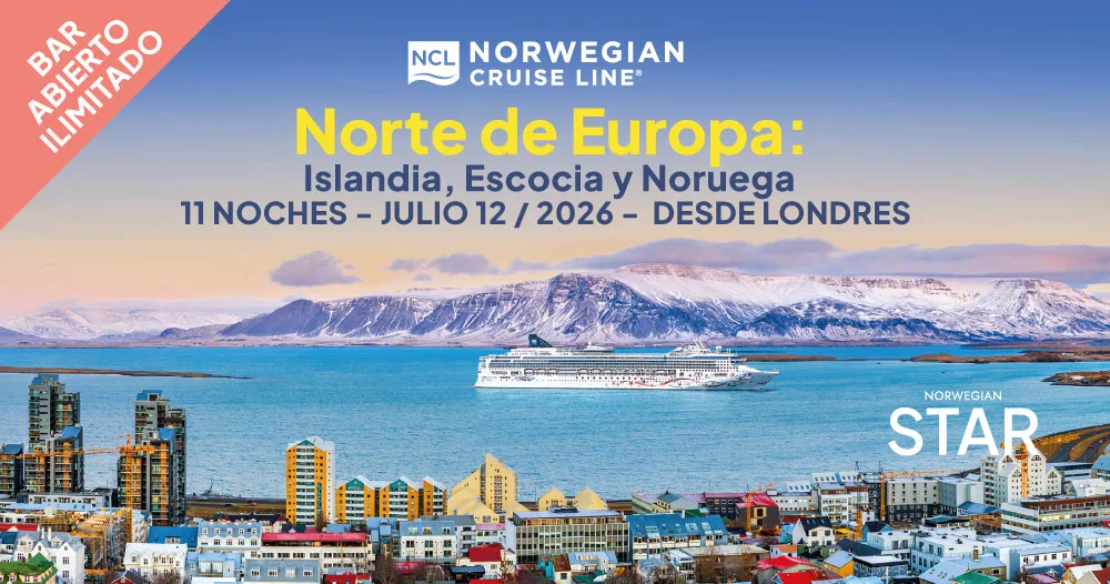 Crucero Norwegian Star por el norte de Europa con bar abierto ilimitado, 11 noches desde Londres el 12 de julio de 2026 visitando Islandia, Escocia y Noruega.