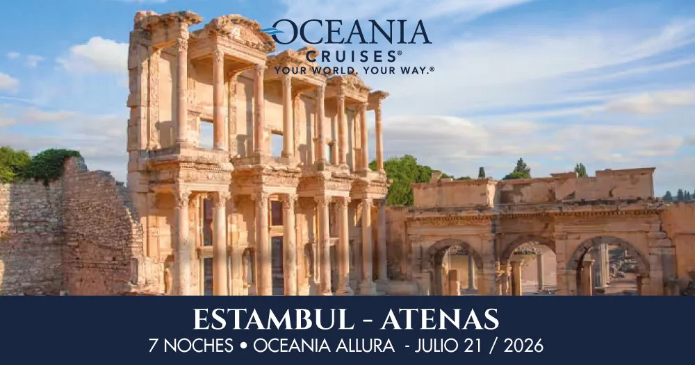 Crucero Oceania Allura de Estambul a Atenas, 7 noches desde el 21 de julio de 2026 explorando el Mediterráneo oriental con experiencias culturales únicas.