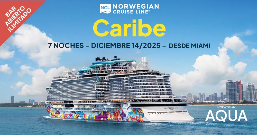 Crucero Norwegian Aqua en el Caribe desde Miami. Oferta de Bar Abierto Ilimitado para un viaje de 7 noches con salida el 14 de diciembre de 2025.