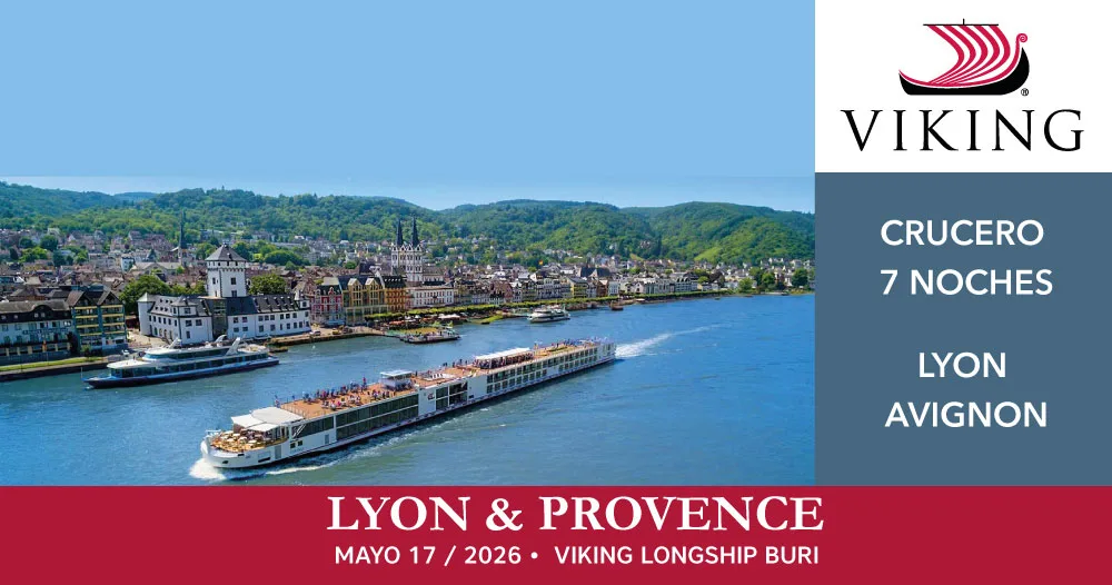 Crucero fluvial Viking Longship Buri navegando por el río Ródano, con vistas de pueblos históricos y paisajes de Lyon y Avignon.
