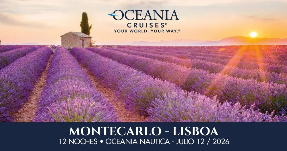 Campo de lavanda al atardecer con una casa rural al fondo, utilizado para promocionar un crucero de 12 noches de Montecarlo a Lisboa a bordo del Oceania Nautica en julio de 2026.