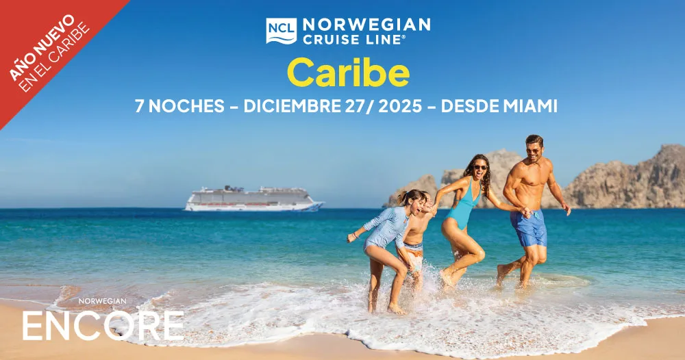 Crucero Norwegian Encore de 7 noches por el Caribe, salida desde Miami el 27 de diciembre de 2025 para celebrar Año Nuevo.