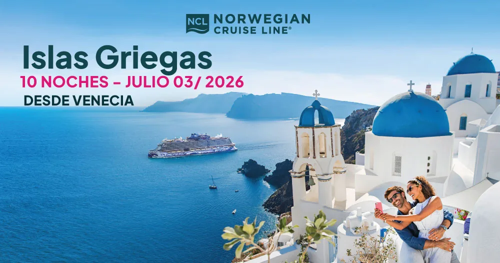 Crucero Norwegian Viva navegando cerca de Santorini con sus icónicas cúpulas azules, promocionando un viaje de 10 noches por las Islas Griegas desde Venecia en julio de 2026.