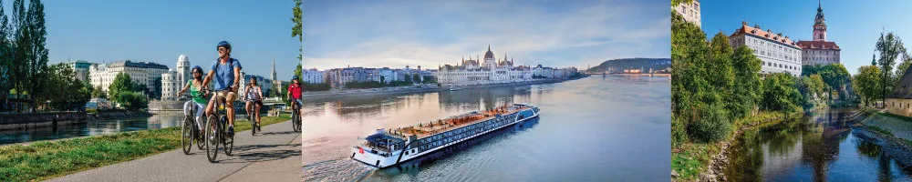AmaReina - Lo mejor del Danubio (Agosto 12 de 2026)-Fotos Pareja disfrutando la vista del río Danubio desde un crucero fluvial de lujo AmaWaterways con una ciudad histórica europea al fondo en agosto 2026