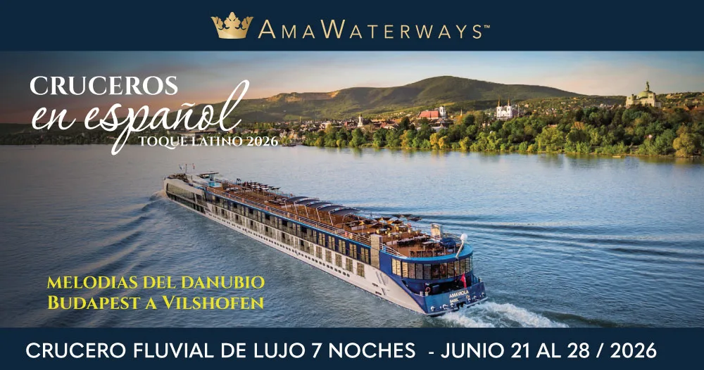 Crucero fluvial AmaSofia navegando por el río Danubio entre Budapest y Vilshofen. Crucero de lujo de 7 noches con AmaWaterways en español, salida el 21 de junio de 2026.