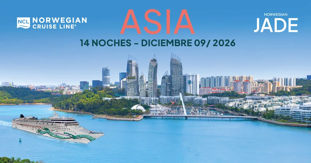 Crucero Norwegian Jade navegando frente a una ciudad asiática moderna durante un itinerario de 14 noches por Asia en diciembre de 2026.