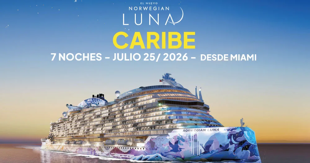 Crucero Norwegian Luna navegando por el Caribe al atardecer, barco de última generación de Norwegian Cruise Line, salida desde Miami el 25 de julio de 2026.