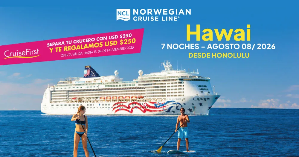 Crucero Pride of America navegando por Hawái con salida desde Honolulu el 8 de agosto de 2026. Itinerario de 7 noches con paisajes tropicales y actividades acuáticas.