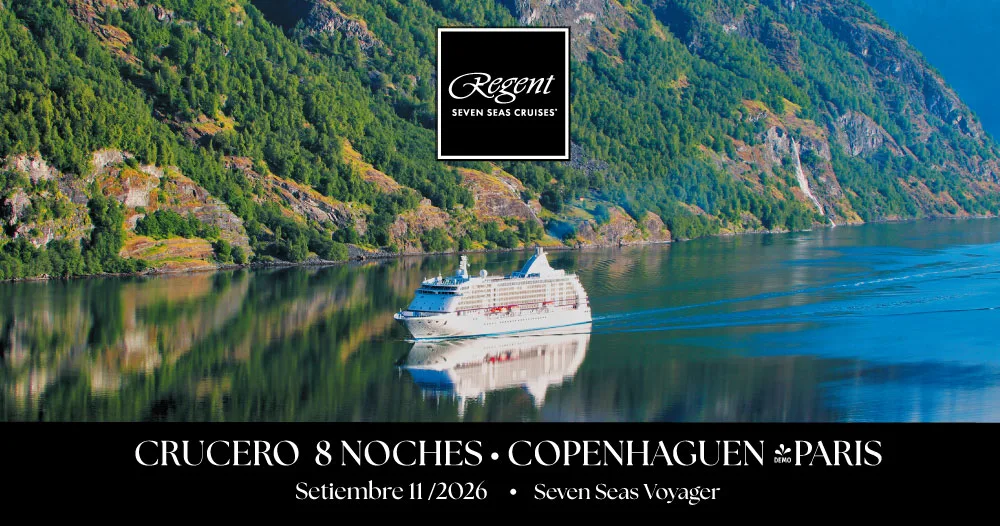 Crucero Seven Seas Voyager navegando por los fiordos entre Copenhague y París. Crucero de lujo de 8 noches con Regent Seven Seas Cruises, salida el 11 de septiembre de 2026.