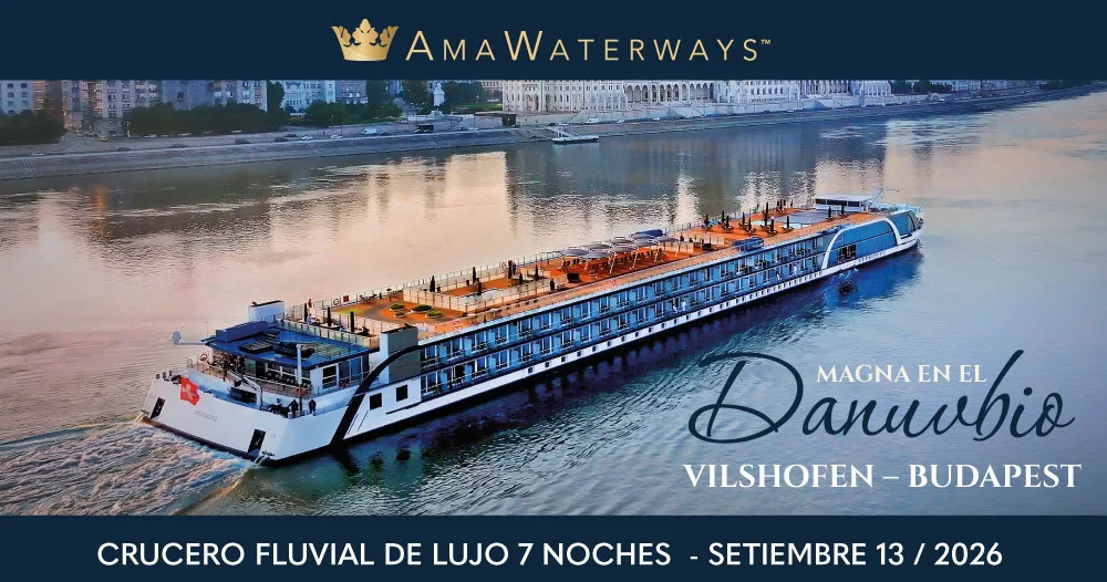 Crucero fluvial AmaMagna navegando por el río Danubio entre Vilshofen y Budapest. Salida el 13 de setiembre de 2026 en un viaje de lujo de 7 noches con AmaWaterways.
