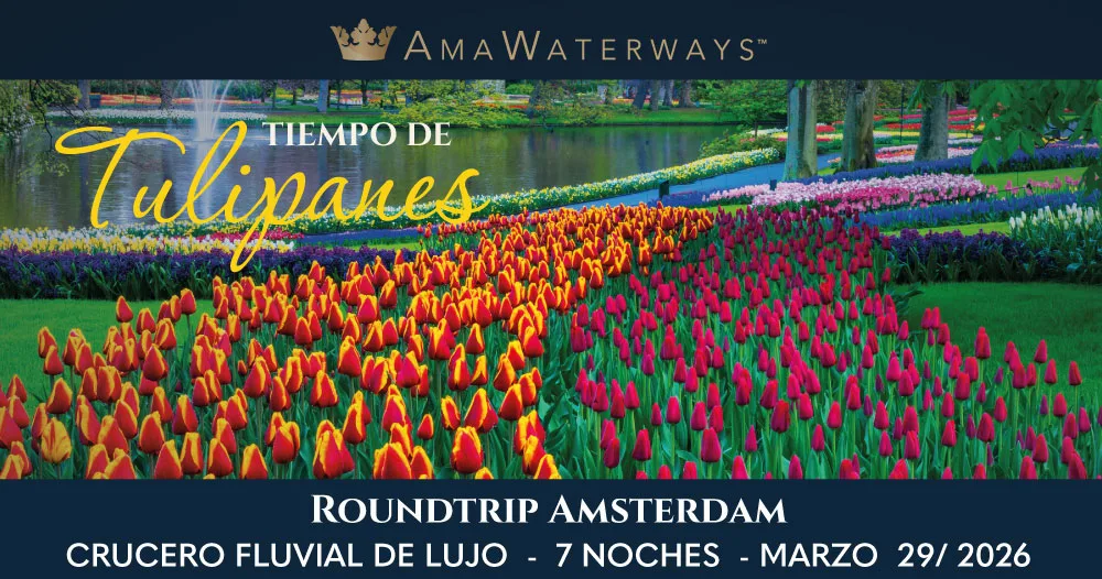 Crucero fluvial AmaSiena navegando por los Países Bajos durante la temporada de tulipanes. Salida el 29 de marzo de 2026 desde Ámsterdam en un viaje de lujo de 7 noches con AmaWaterways.