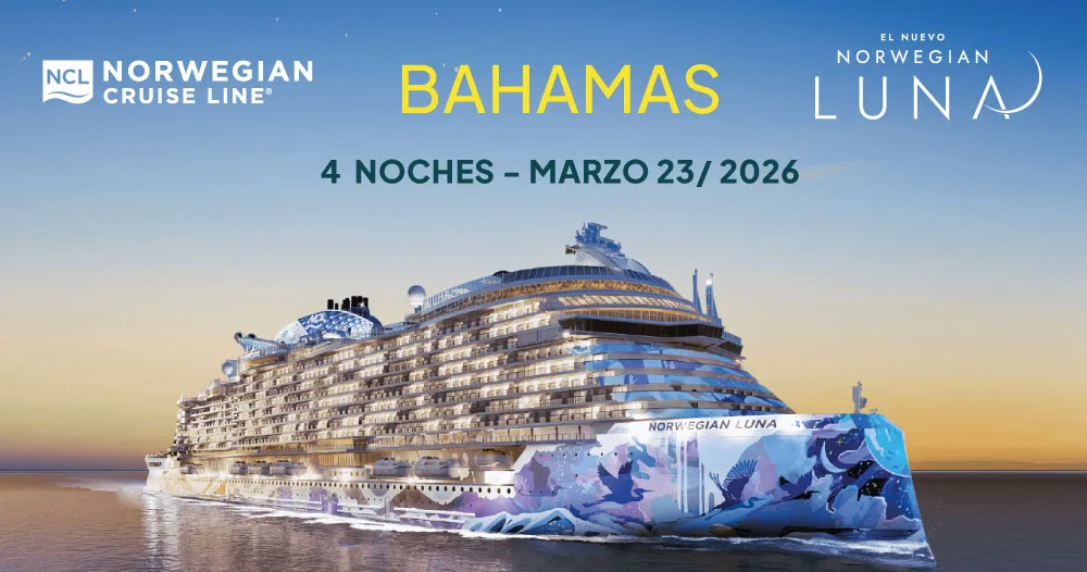 Crucero Norwegian Luna navegando al atardecer rumbo a las Bahamas, itinerario de 4 noches con salida marzo 23 de 2026.