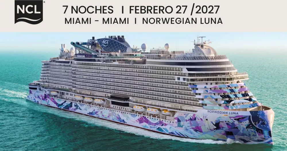 Norwegian Luna de Norwegian Cruise Line navegando por aguas turquesas del Caribe en un crucero de 7 noches con salida y regreso a Miami el 27 de febrero de 2027.