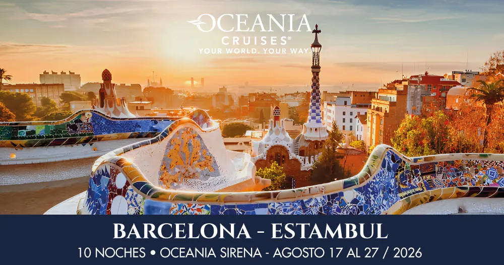 Vista panorámica de Barcelona al atardecer con arquitectura de Gaudí, crucero Oceania Sirena, itinerario Barcelona a Estambul, salida agosto 17 de 2026.