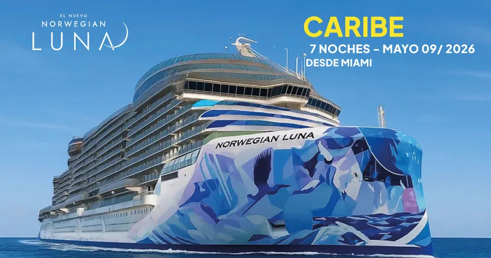 Vista frontal del nuevo crucero Norwegian Luna navegando por el Caribe, barco de última generación de Norwegian Cruise Line, salida desde Miami el 09 de mayo de 2026.