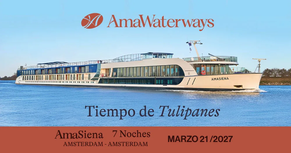 Crucero fluvial AmaSiena navegando por canales europeos durante la temporada de tulipanes en un viaje desde Ámsterdam en marzo 2027