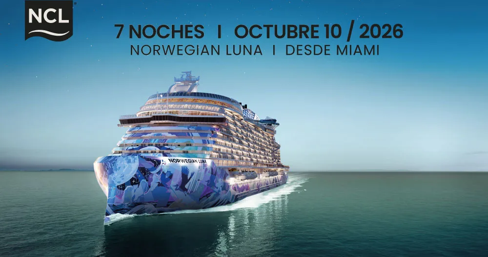 Crucero Norwegian Luna navegando en aguas del Caribe al atardecer, salida desde Miami en octubre de 2026.