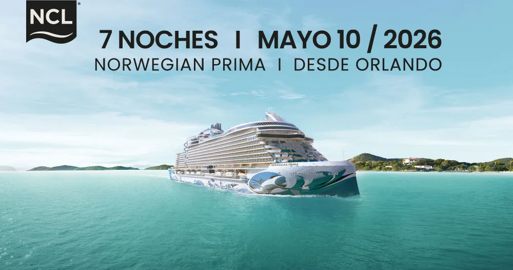 Crucero Norwegian Prima navegando en aguas turquesa del Caribe durante un itinerario de 7 noches desde Orlando en mayo de 2026.