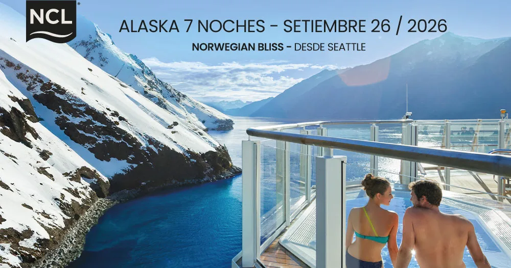 Crucero Norwegian Bliss navegando por Alaska con vistas a glaciares y fiordos, itinerario de 7 noches desde Seattle, setiembre 2026.