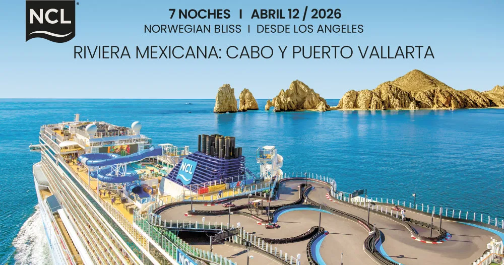 Crucero Norwegian Bliss navegando frente a Cabo San Lucas durante itinerario por la Riviera Mexicana, 7 noches desde Los Ángeles, abril 2026.