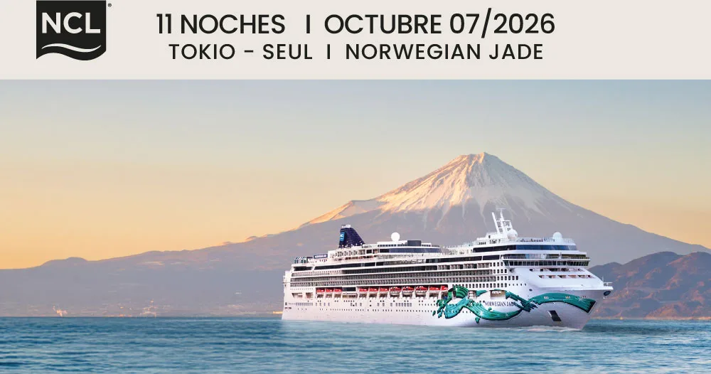 Norwegian Jade navegando frente al Monte Fuji en un crucero de 11 noches de Tokio a Seúl con salida el 7 de octubre de 2026.