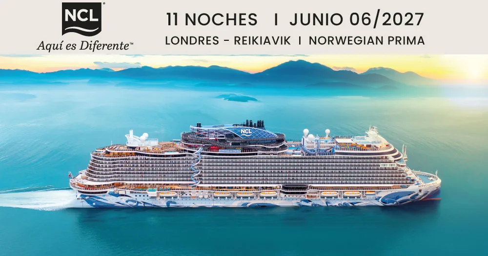 Norwegian Prima navegando entre paisajes costeros durante un crucero de 11 noches desde Londres hasta Reikiavik, con salida el 6 de junio de 2027.