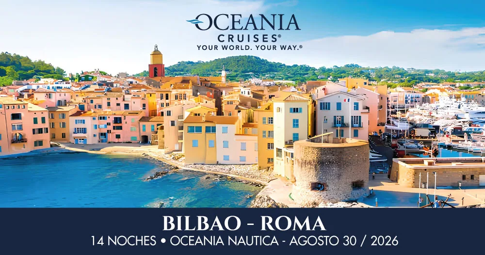 Vista costera de un pintoresco puerto mediterráneo durante un crucero Oceania Nautica de Bilbao a Roma, agosto 2026.
