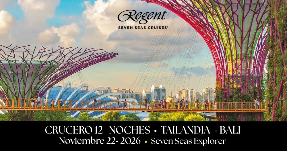 Vista de los jardines futuristas de Singapur durante un crucero de lujo Regent Seven Seas Explorer entre Tailandia y Bali, noviembre 2026.