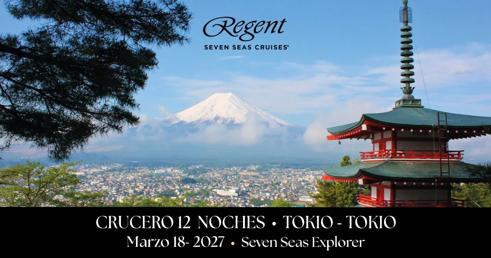 Vista del Monte Fuji y templo tradicional japonés durante un crucero de lujo Regent Seven Seas Explorer desde Tokio, marzo 2027.