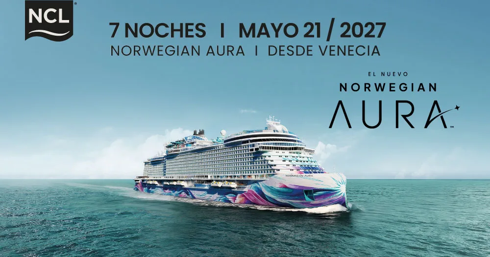 Crucero Norwegian Aura navegando por el Mediterráneo desde Venecia, salida mayo 2027, barco moderno de Norwegian Cruise Line.