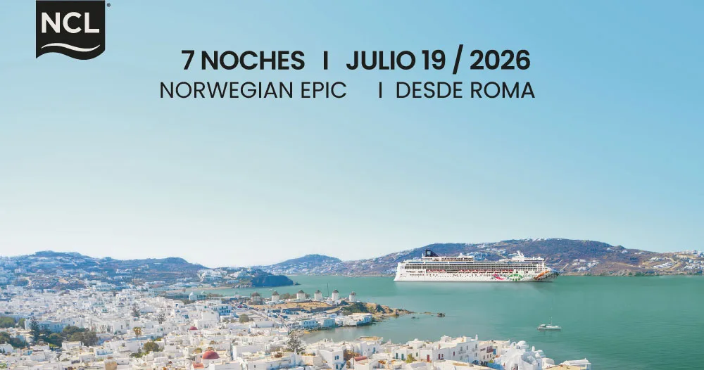Crucero Norwegian Epic navegando frente a las Islas Griegas durante itinerario de 7 noches por el Mediterráneo con salida desde Roma en julio de 2026.