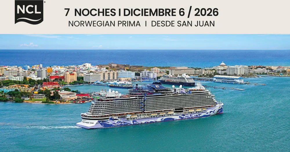 Crucero Norwegian Prima navegando frente a San Juan, Puerto Rico, durante un itinerario de 7 noches por el Caribe con visitas a Barbados y Santo Tomás.