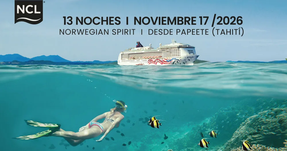 Persona practicando snorkel en aguas cristalinas del Pacífico Sur con crucero Norwegian Spirit al fondo durante itinerario desde Tahití.