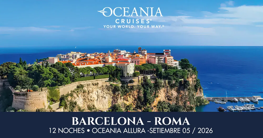 Ciudad costera sobre acantilado en el Mediterráneo durante un crucero Oceania Allura de Barcelona a Roma en septiembre 2026