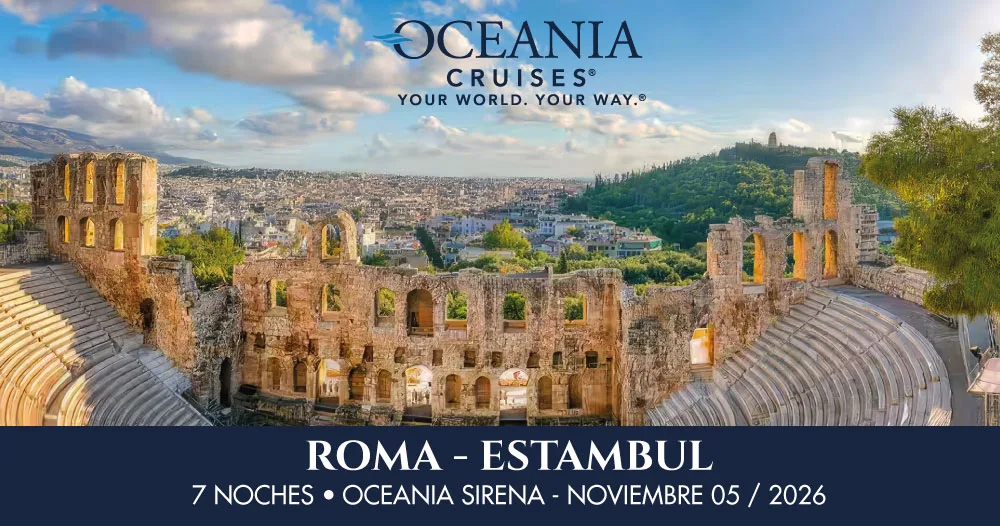 Vista panorámica del histórico Odeón de Herodes Ático en Atenas durante un crucero de lujo Oceania Sirena desde Roma hasta Estambul en noviembre de 2026.