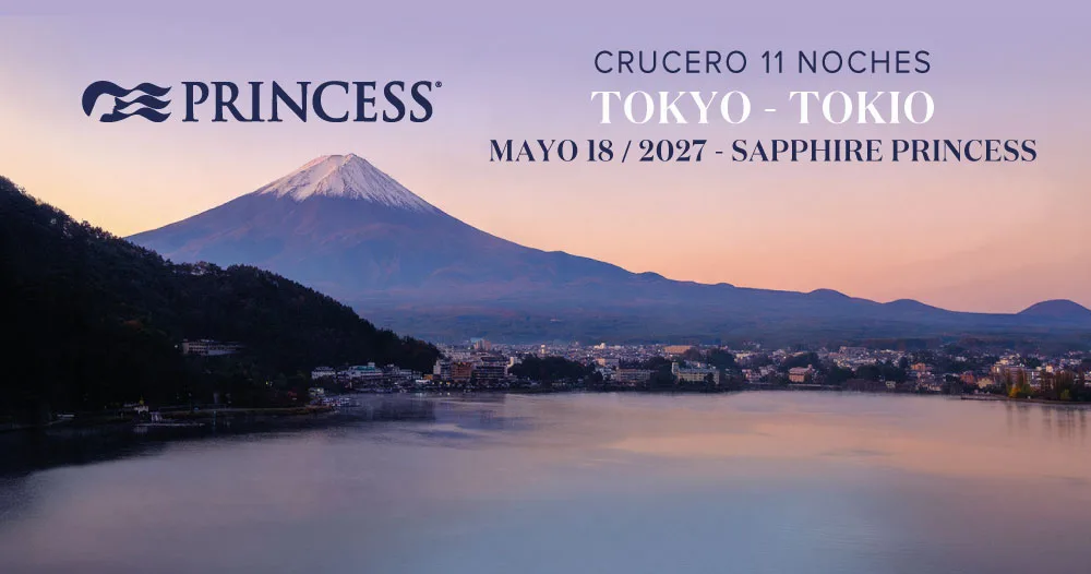 Crucero Sapphire Princess de Princess Cruises con itinerario de 11 noches desde Tokio, Japón, con salida el 18 de mayo de 2027, representado por el monte Fuji al atardecer.