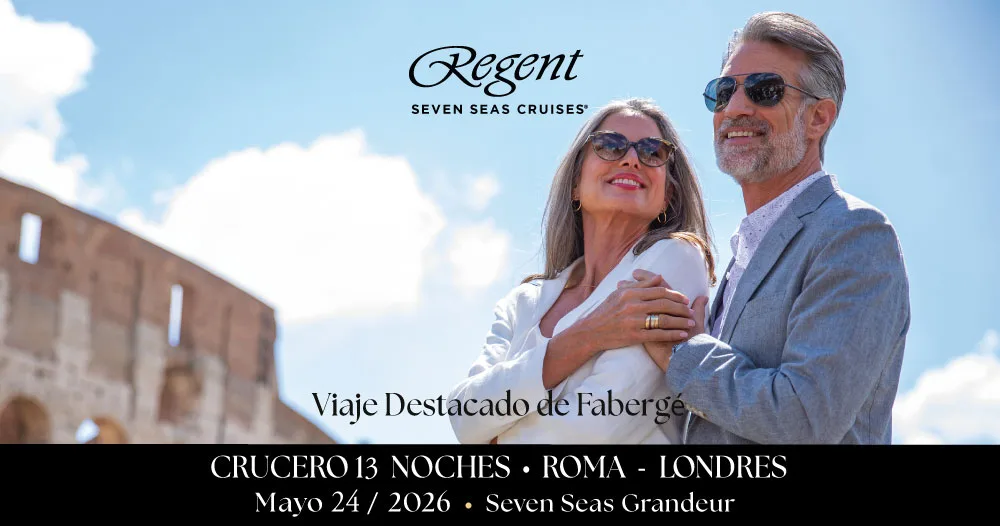 Pareja elegante disfrutando un destino europeo durante crucero Seven Seas Grandeur de 13 noches de Roma a Londres, mayo 2026.