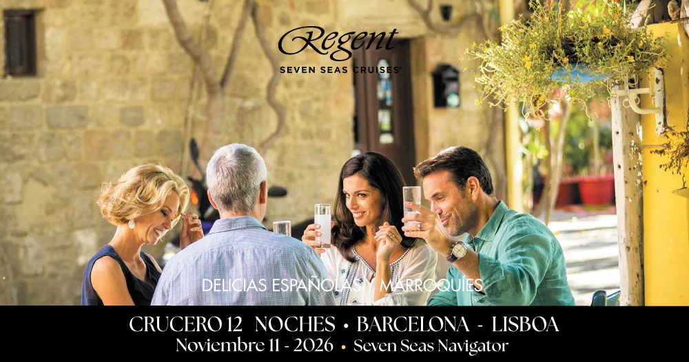 Grupo de viajeros disfrutando gastronomía local en España durante crucero Seven Seas Navigator de Barcelona a Lisboa, noviembre 2026.