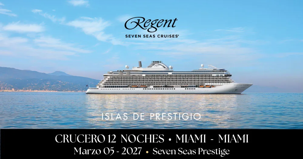 Crucero Seven Seas Prestige navegando en aguas tranquilas durante itinerario de lujo de 12 noches desde Miami en marzo de 2027.