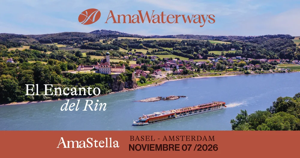 Crucero fluvial AmaStella navegando por el río Rin entre paisajes europeos desde Basilea a Ámsterdam en noviembre 2026