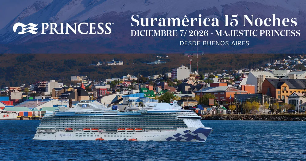 Majestic Princess de Princess Cruises navegando frente a Ushuaia durante un crucero de 15 noches por Sudamérica con salida desde Buenos Aires el 7 de diciembre de 2026.
