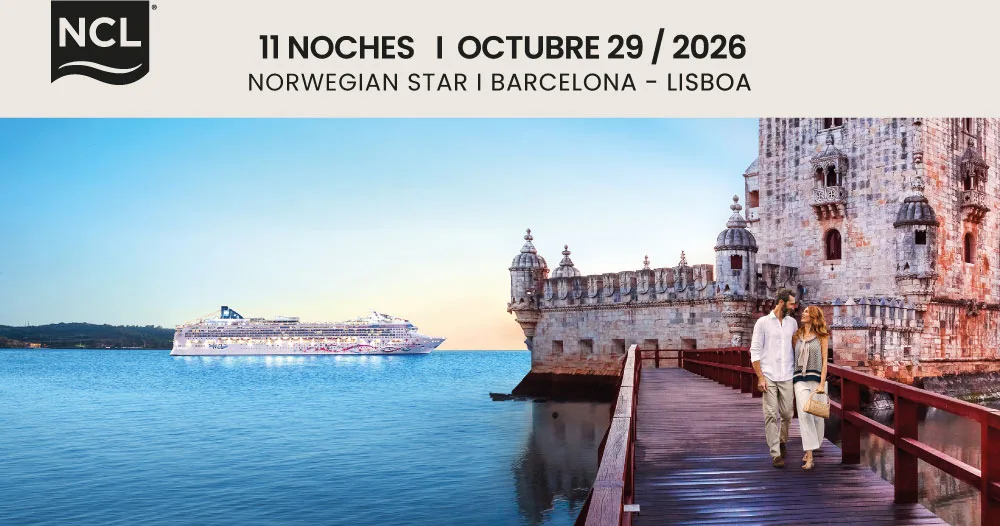 Crucero Norwegian Star navegando frente a la costa de Lisboa junto a la histórica Torre de Belém durante un itinerario de 11 noches desde Barcelona a Lisboa en octubre de 2026.