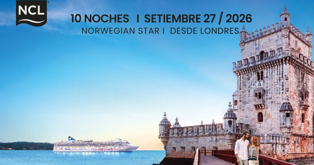 Crucero Norwegian Star navegando cerca de la Torre de Belém en Lisboa durante un itinerario por Europa saliendo desde Londres.