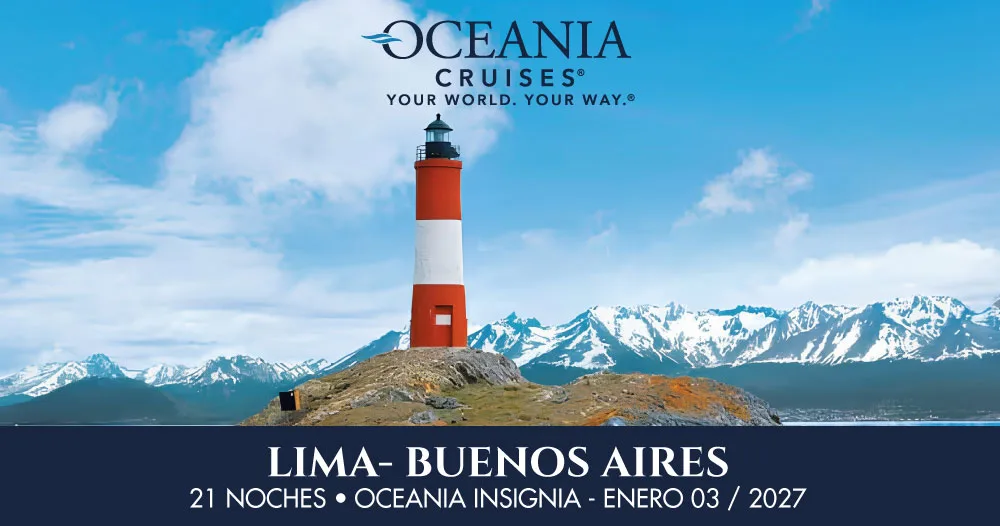 Faro en paisaje austral con montañas nevadas al fondo, representando crucero de lujo de Lima a Buenos Aires en enero de 2027.