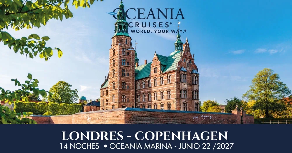 Crucero Oceania Marina de Londres a Copenhague en un itinerario de 14 noches con salida el 22 de junio de 2027, representado por un histórico palacio de Copenhague.