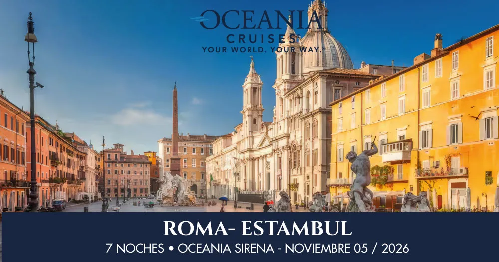 Vista de la Piazza Navona en Roma promocionando el crucero de 7 noches a bordo del Oceania Sirena desde Roma hasta Estambul con salida el 5 de noviembre de 2026.