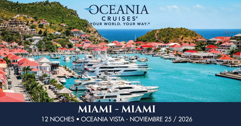 Puerto caribeño con yates y aguas turquesa durante un crucero Oceania Vista desde Miami en un itinerario de 12 noches en noviembre 2026