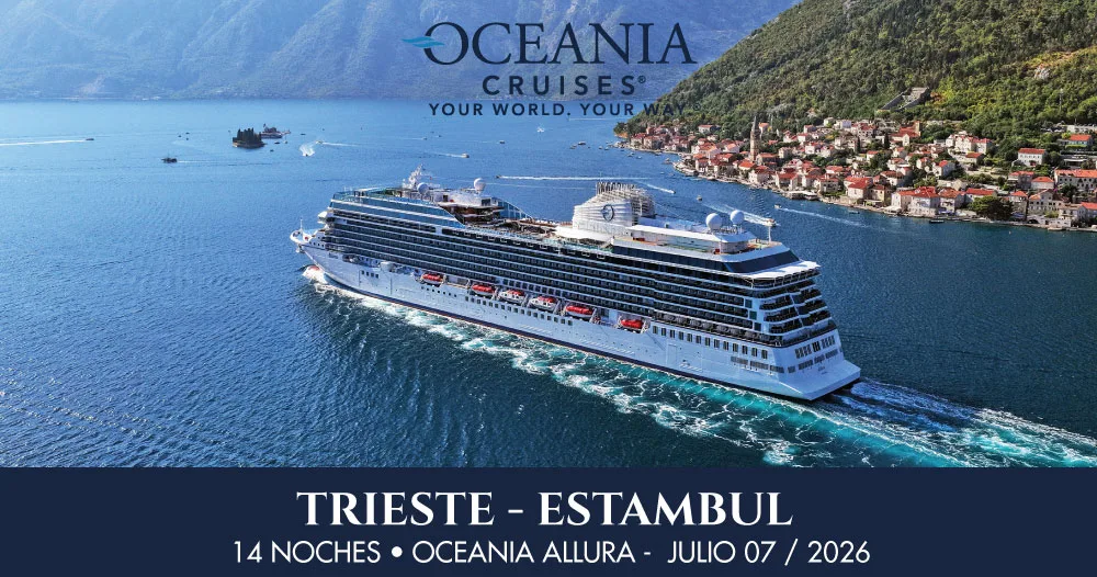 Crucero Oceania Allura navegando por la costa del Mediterráneo Oriental en ruta de Trieste a Estambul durante un itinerario de 14 noches en julio 2026