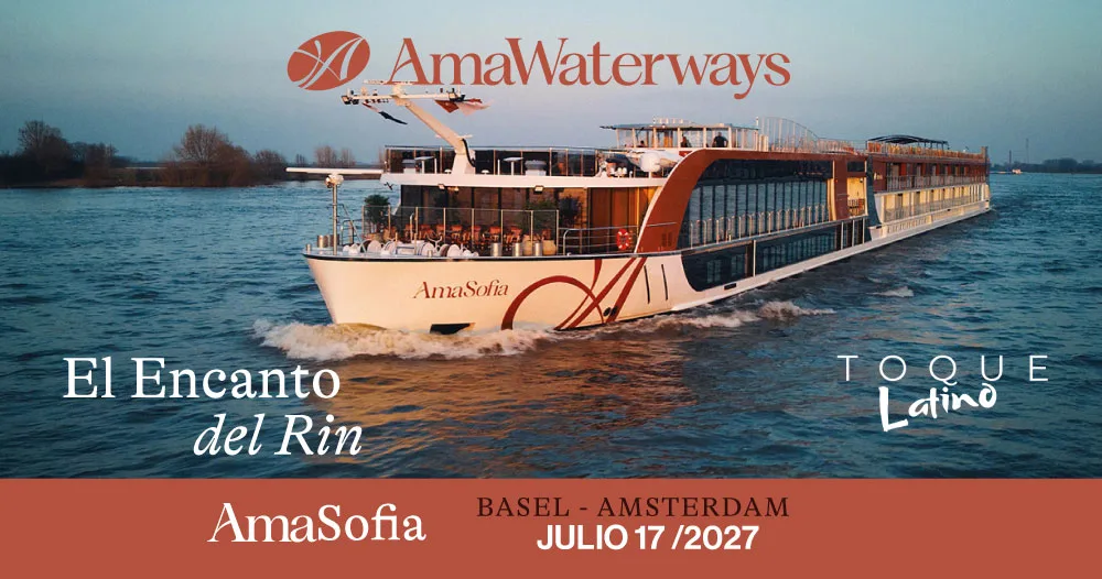 Crucero fluvial AmaSofia navegando por el río Rin durante itinerario desde Basilea hasta Ámsterdam en julio de 2027.