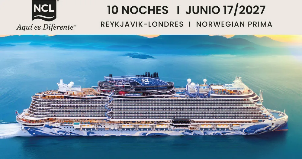 Norwegian Prima de Norwegian Cruise Line navegando por aguas azules en un crucero de 10 noches desde Reikiavik hasta Londres, con salida el 17 de junio de 2027.